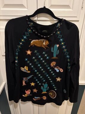 Double D Ranch “Down Tejas Way” Black Embroidered Desert Motif Long Sleeve Tee